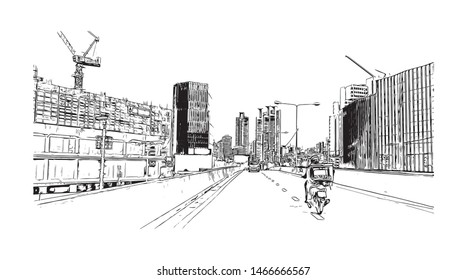 Building view with landmark of Bangkok, Thailand’s capital, is a large city known for vibrant street life. Hand drawn sketch illustration in vector.