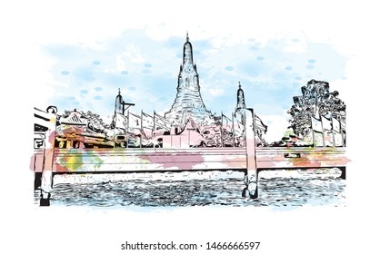 Building view with landmark of Bangkok, Thailand’s capital, is a large city known for vibrant street life. Watercolor splash with Hand drawn sketch illustration in vector.