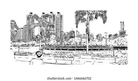 Building view with landmark of Bangkok, Thailand’s capital, is a large city known for vibrant street life. Hand drawn sketch illustration in vector.