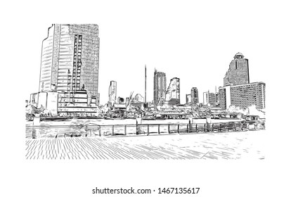 Building view with landmark of Bangkok, Thailand’s capital. Hand drawn sketch illustration in vector.