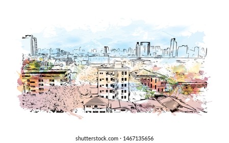 Building view with landmark of Bangkok, Thailand’s capital. Watercolor splash with Hand drawn sketch illustration in vector.