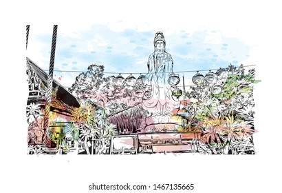 Building view with landmark of Bangkok, Thailand’s capital. Watercolor splash with Hand drawn sketch illustration in vector.