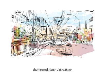 Building view with landmark of Bangkok, Thailand’s capital. Watercolor splash with Hand drawn sketch illustration in vector.