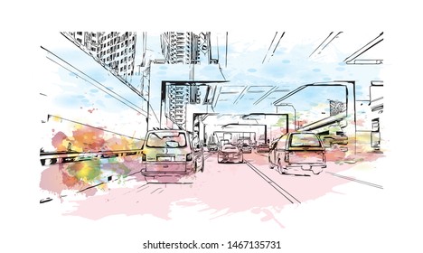Building view with landmark of Bangkok, Thailand’s capital. Watercolor splash with Hand drawn sketch illustration in vector.