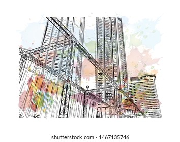 Building view with landmark of Bangkok, Thailand’s capital. Watercolor splash with Hand drawn sketch illustration in vector.