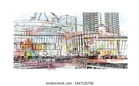 Building view with landmark of Bangkok, Thailand’s capital. Watercolor splash with Hand drawn sketch illustration in vector.
