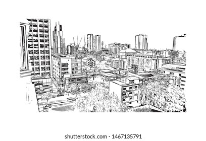 Building view with landmark of Bangkok, Thailand’s capital. Hand drawn sketch illustration in vector.