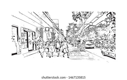 Building view with landmark of Bangkok, Thailand’s capital. Hand drawn sketch illustration in vector.