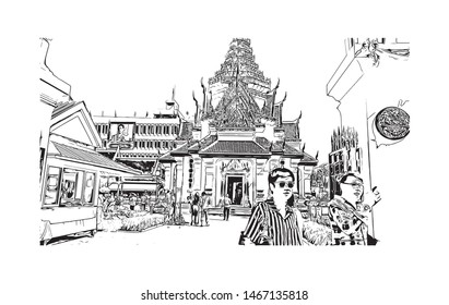 Building view with landmark of Bangkok, Thailand’s capital. Hand drawn sketch illustration in vector.