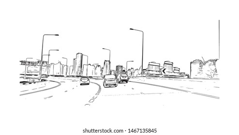 Building view with landmark of Bangkok, Thailand’s capital. Hand drawn sketch illustration in vector.