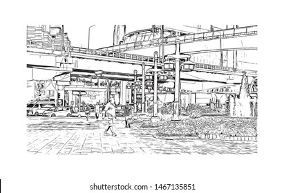 Building view with landmark of Bangkok, Thailand’s capital. Hand drawn sketch illustration in vector.
