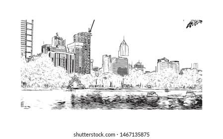 Building view with landmark of Bangkok, Thailand’s capital. Hand drawn sketch illustration in vector.