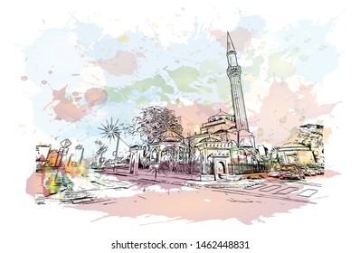 Building view with landmark of Banja Luka or Banjaluka is the second largest city in Bosnia and Herzegovina. Watercolor splash with Hand drawn sketch illustration in vector.