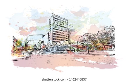 Building view with landmark of Banja Luka or Banjaluka is the second largest city in Bosnia and Herzegovina. Watercolor splash with Hand drawn sketch illustration in vector.