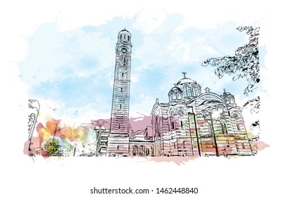 Building view with landmark of Banja Luka or Banjaluka is the second largest city in Bosnia and Herzegovina. Watercolor splash with Hand drawn sketch illustration in vector.