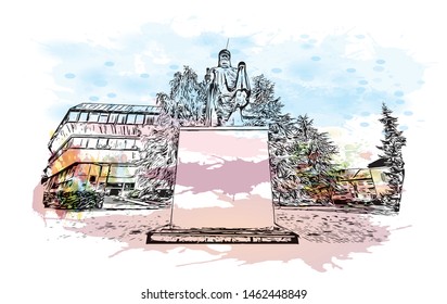 Building view with landmark of Banja Luka or Banjaluka is the second largest city in Bosnia and Herzegovina. Watercolor splash with Hand drawn sketch illustration in vector.