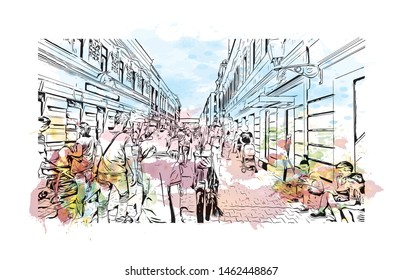 Building view with landmark of Banja Luka or Banjaluka is the second largest city in Bosnia and Herzegovina. Watercolor splash with Hand drawn sketch illustration in vector.