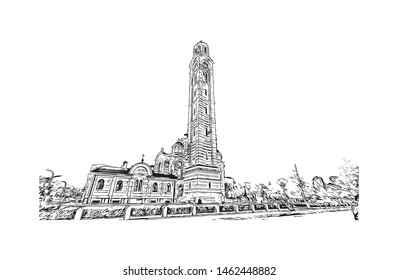 Building view with landmark of Banja Luka or Banjaluka is the second largest city in Bosnia and Herzegovina. Hand drawn sketch illustration in vector.