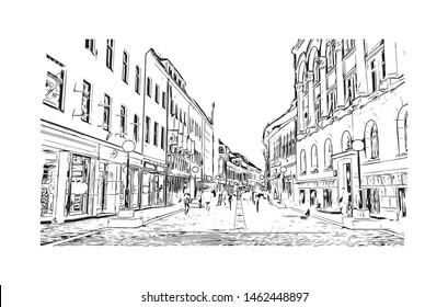 Building view with landmark of Banja Luka or Banjaluka is the second largest city in Bosnia and Herzegovina. Hand drawn sketch illustration in vector.