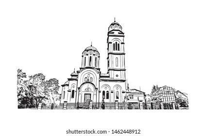 Building view with landmark of Banja Luka or Banjaluka is the second largest city in Bosnia and Herzegovina. Hand drawn sketch illustration in vector.