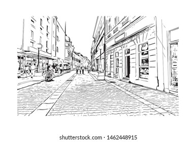 Building view with landmark of Banja Luka or Banjaluka is the second largest city in Bosnia and Herzegovina. Hand drawn sketch illustration in vector.