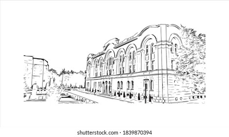 Building view with landmark of Banjaluka is the second largest city in Bosnia. Hand drawn sketch illustration in vector.