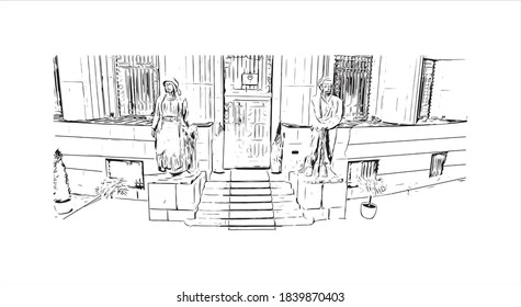 Building view with landmark of Banjaluka is the second largest city in Bosnia. Hand drawn sketch illustration in vector.