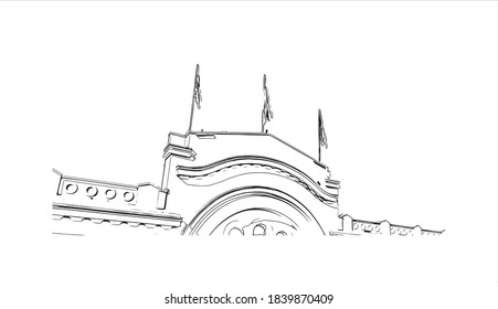 Building view with landmark of Banjaluka is the second largest city in Bosnia. Hand drawn sketch illustration in vector.