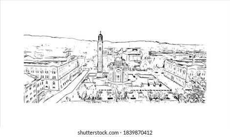 Building view with landmark of Banjaluka is the second largest city in Bosnia. Hand drawn sketch illustration in vector.