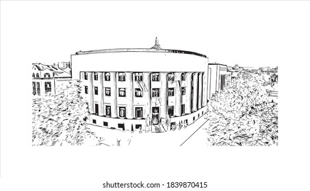 Building view with landmark of Banjaluka is the second largest city in Bosnia. Hand drawn sketch illustration in vector.