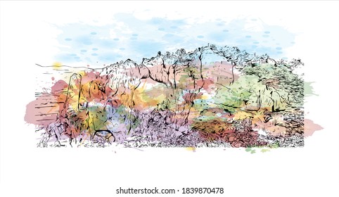 Construir vistas con monumentos de Banjaluka es la segunda ciudad más grande de Bosnia. Salto de color de agua con ilustración de esbozo dibujada a mano en vector.
