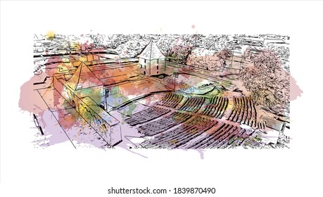 Building view with landmark of Banjaluka is the second largest city in Bosnia. Watercolor splash with hand drawn sketch illustration in vector.