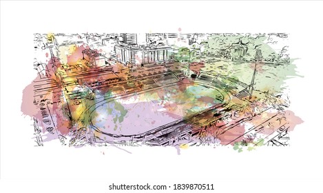 Building view with landmark of Banjaluka is the second largest city in Bosnia. Watercolor splash with hand drawn sketch illustration in vector.