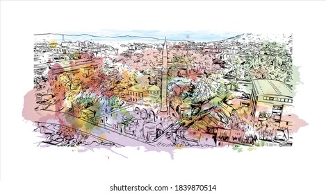 Building view with landmark of Banjaluka is the second largest city in Bosnia. Watercolor splash with hand drawn sketch illustration in vector.