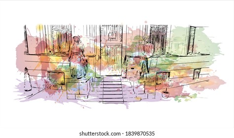Construir vistas con monumentos de Banjaluka es la segunda ciudad más grande de Bosnia. Salto de color de agua con ilustración de esbozo dibujada a mano en vector.