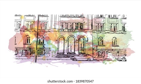 Building view with landmark of Banjaluka is the second largest city in Bosnia. Watercolor splash with hand drawn sketch illustration in vector.