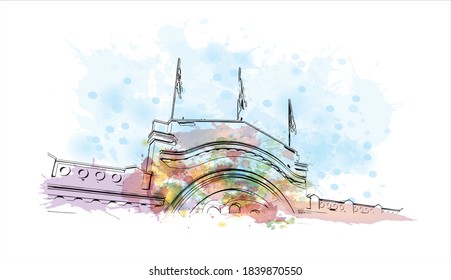 Building view with landmark of Banjaluka is the second largest city in Bosnia. Watercolor splash with hand drawn sketch illustration in vector.