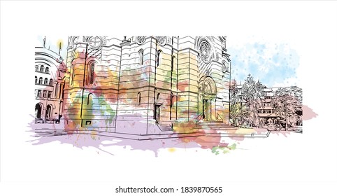 Building view with landmark of Banjaluka is the second largest city in Bosnia. Watercolor splash with hand drawn sketch illustration in vector.