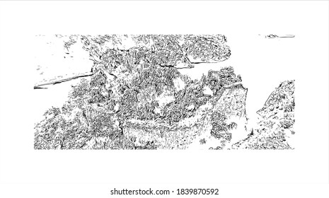 Construir vistas con monumentos de Banjaluka es la segunda ciudad más grande de Bosnia. Dibujo a mano de ilustración de esbozo en vector.