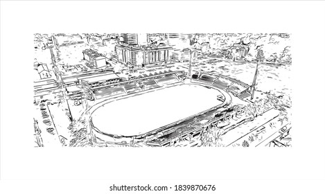 Building view with landmark of Banjaluka is the second largest city in Bosnia. Hand drawn sketch illustration in vector.