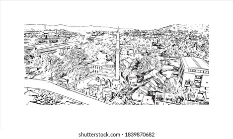 Building view with landmark of Banjaluka is the second largest city in Bosnia. Hand drawn sketch illustration in vector.