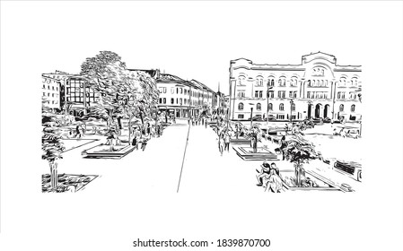 Building view with landmark of Banjaluka is the second largest city in Bosnia. Hand drawn sketch illustration in vector.