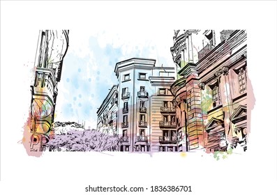 Building view with landmark of Barcelona is a city on the coast of northeastern Spain. Watercolor splash with hand drawn sketch illustration in vector.