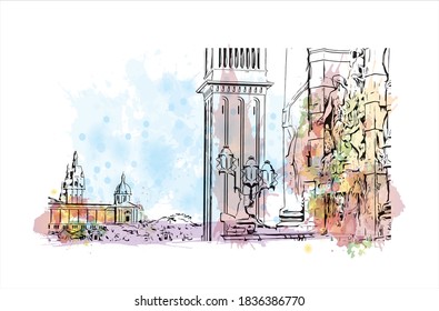 Building view with landmark of Barcelona is a city on the coast of northeastern Spain. Watercolor splash with hand drawn sketch illustration in vector.