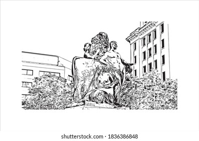 Building view with landmark of Barcelona is a city on the coast of northeastern Spain. Hand drawn sketch illustration in vector.