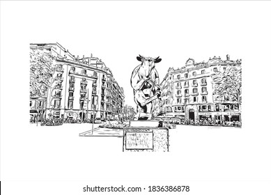 Building view with landmark of Barcelona is a city on the coast of northeastern Spain. Hand drawn sketch illustration in vector.