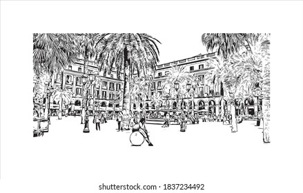 Building view with landmark of Barcelona is a city on the coast of northeastern Spain. Hand drawn sketch illustration in vector.