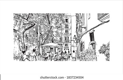 Building view with landmark of Barcelona is a city on the coast of northeastern Spain. Hand drawn sketch illustration in vector.