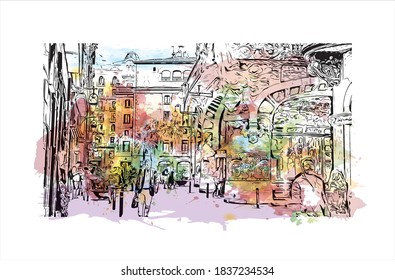 Building view with landmark of Barcelona is a city on the coast of northeastern Spain. Watercolour splash with hand drawn sketch illustration in vector.