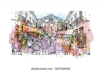 Building view with landmark of Barcelona is a city on the coast of northeastern Spain. Watercolour splash with hand drawn sketch illustration in vector.